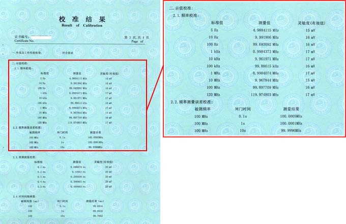 頻率計校準證書結(jié)果頁圖片